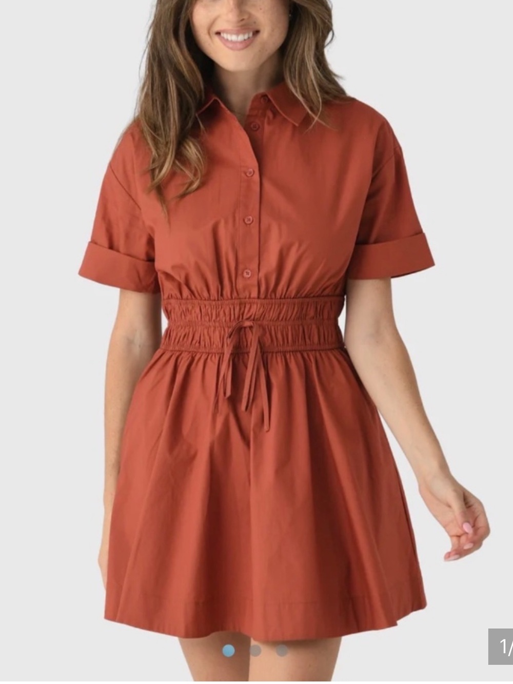 Eche Smocked Waist Short-Sleeve Shirt Dress in Rust
